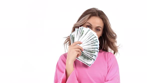 Portrait Playful Lady Posing with Cash Money Enjoying Financial Success