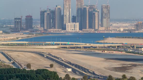 Construction of New Skyscrapers in Dubai Creek Harbor Aerial Timelapse