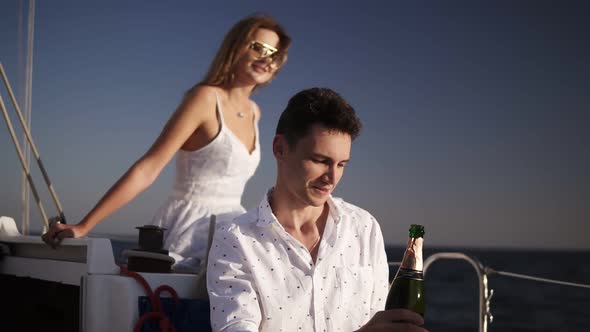 Two People on Resort Happy Family Couple Drinking Champagne on Yacht Rest at Water Romantic Couple