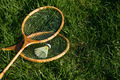 Tennis rackets and shuttlecock on the green grass - PhotoDune Item for Sale