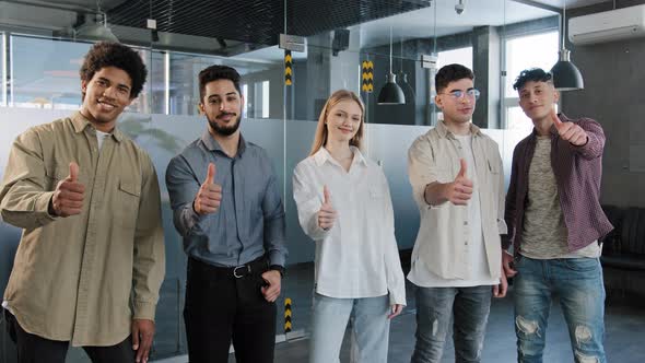 Happy Professional Confident Group Diverse People Corporate Employees Standing in Row Looking at