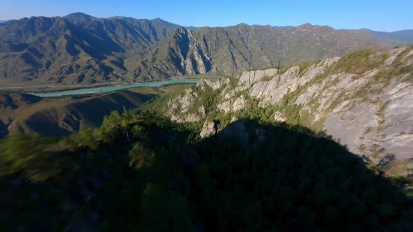 Aerial View Epic Mountain Summit Ridge Covered Green Trees Forest Rocky Valley