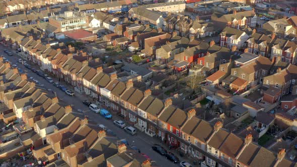 Aerial View of Terraced Working Class Housing in Luton at Sunset