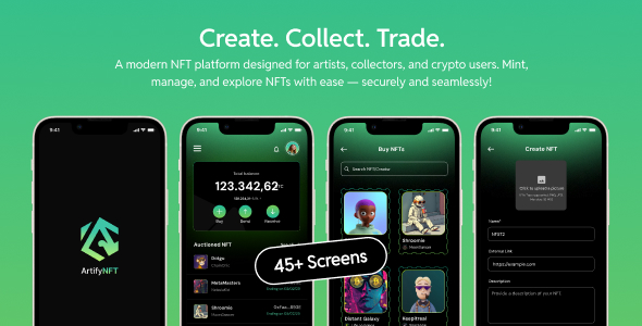 Artify - Flutter NFT Marketplace UI Kit | Web3 Wallet Support (MetaMask, Trust, Phantom)