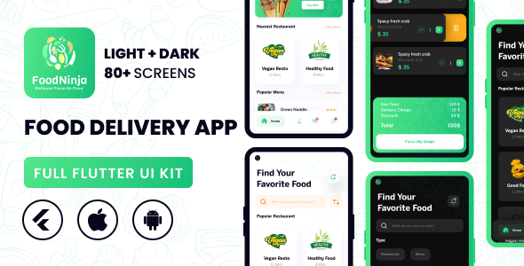 Premium Flutter UI Kit - Food Delivery App (Light + Dark)