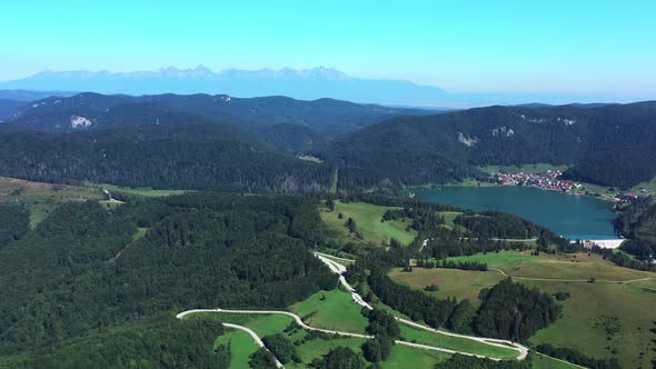 Aerial view of the Palcmanska Masa reservoir in the village of Dedinky in Slovakia