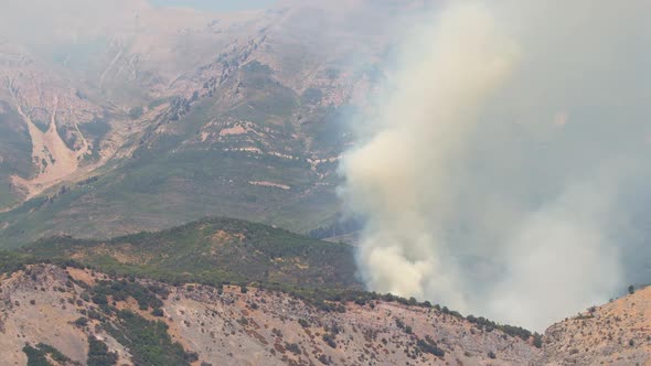 Forest fire burning on Timpanogos Mountain on hot summer day