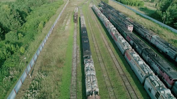 Aerial Shot of an Abandoned Rusty Locomotives and Old Railways