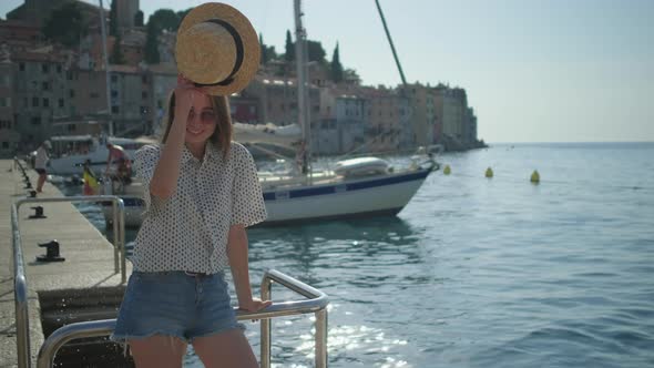 Cheerful Girl on the Waterfront of Rovinj Croatia
