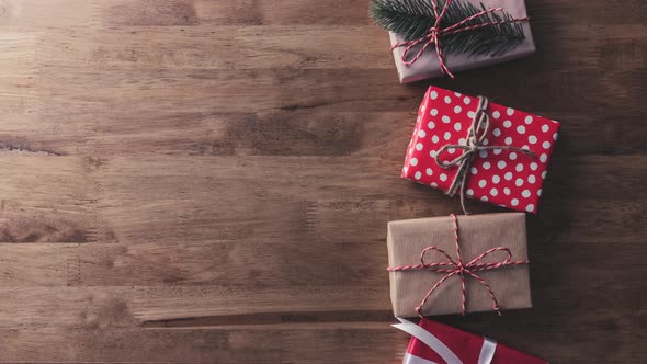 Top view of Christmas and new year decorated gift boxes