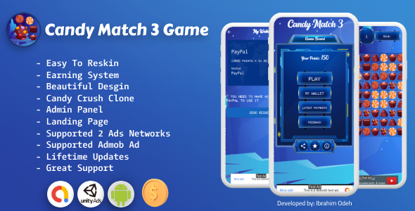Candy Match 3 Game with Earning System and Admin Panel + Landing Page