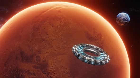 View of Mars Earth and Spaceship