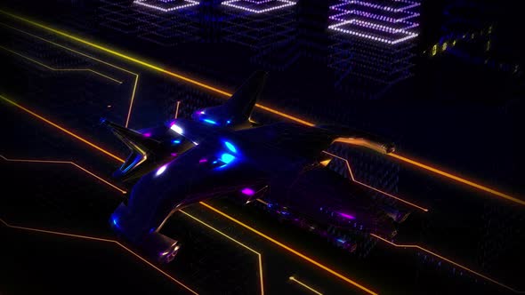 High Speed Armed Plane Flying Inside Digital Sci-Fi Environment Animation
