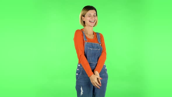 Girl with Wow Face Expression and Tender Smiling. Green Screen