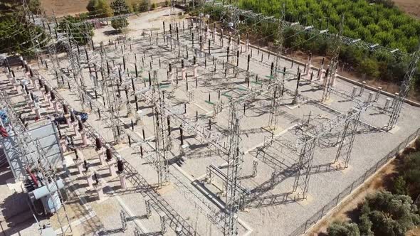 Transformer electrical power plant aerial view footage