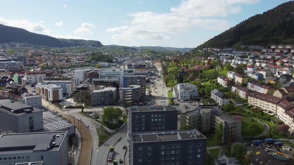 Forward moving aerial of Danmarksplass and highway E39 through Krohnstad and Minde leading to Arstad