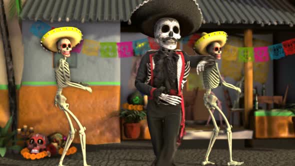 Mariachi skeleton dancing salsa in a Mexican village