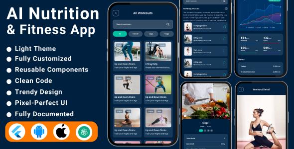 AI Fitness & Nutrition App Flutter Template | AI Workout & Meal Planner UI Kit