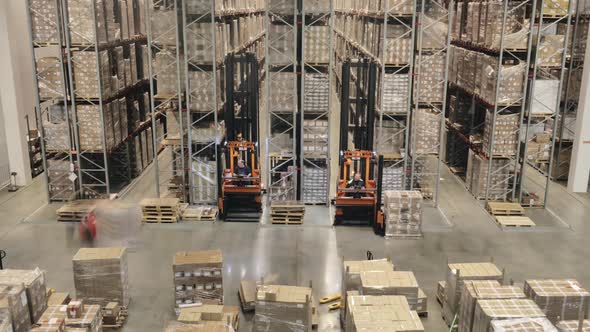 Loaders and Forklift Transport Containers on Big Modern Warehouse, Time Lapse