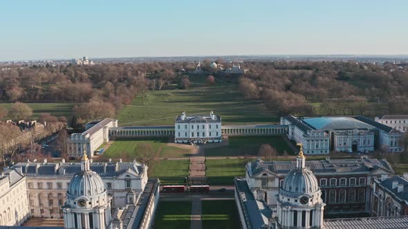 Low drone shot over university of greenwich queen house and observatory