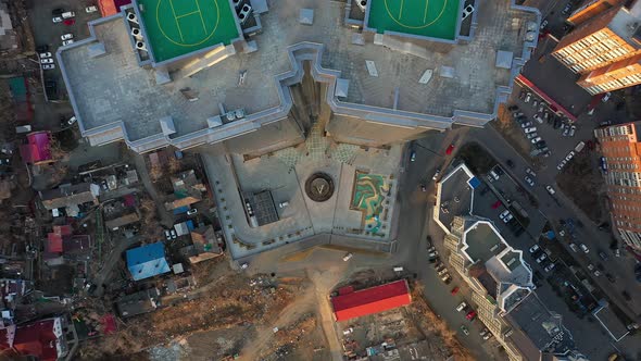 Drone View of a Modern Skyscraper Located in the Center of Vladivostok