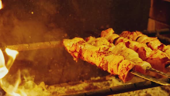Shish Kebab on Skewers Closeup