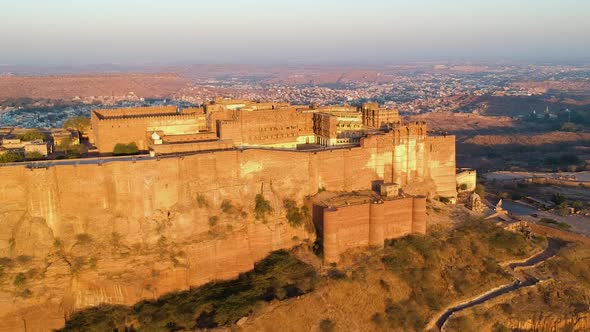 Golden hour aerial view of Mehrangarh Fort at sunrise. Jodhpur, Rajasthan, India