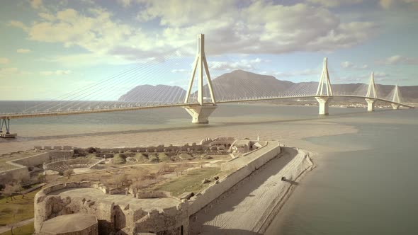 Aerial view of the Antirrio Castle and the Rion-Antirion Bridge in Greece.