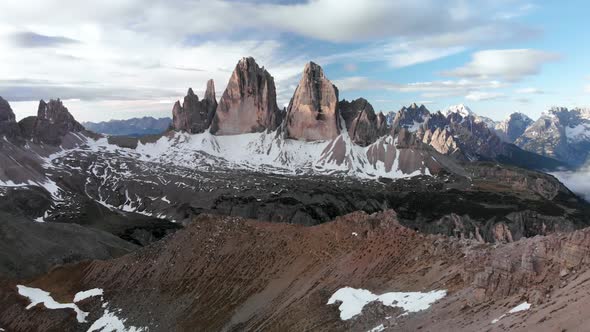 Aerial Flying Over Tre Cime di Lavaredo Mountain in Dolomites Alps Italy