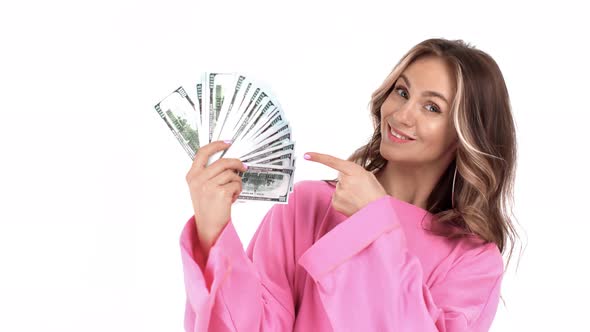 Portrait Woman Posing with Cash Dollar Money Enjoying Richness Isolated