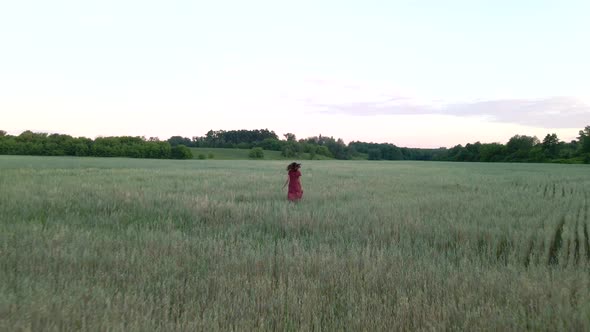 Young Woman with Long Hair in Long Dress Runs on a Field, Slow Motion  Shot