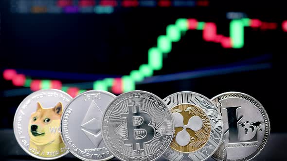 Coin Bitcoin, Ethereum, Litecoin, Shiba and Ripple on background cryptocurrency trading chart