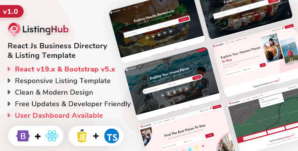 ListingHub - React Js Business Directory & Listing Template (Javascript + Typescript)