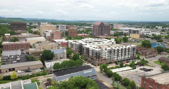 Huntsville, Alabama skyline with drone video moving in.