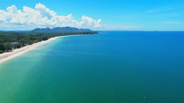 Aerial top view over city and sandy beach. coconut trees.