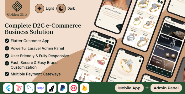 GoldenGlitz – D2C Jewelry Shopping Mobile App with Flutter & Laravel Backend with Admin panel (Andro