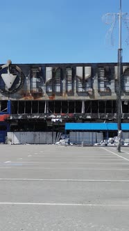 Vertical Video of a Destroyed Building of a Shopping Center in Bucha Ukraine