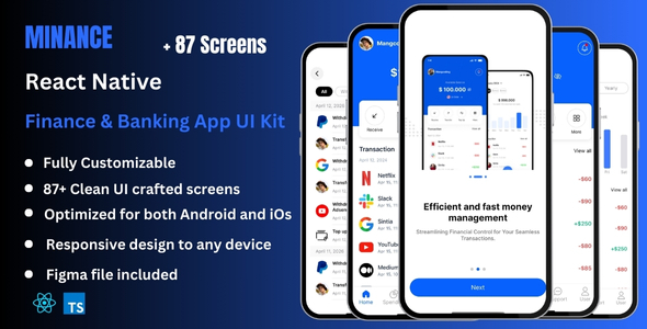 Minance - Finance & Bank Management React Native CLI App Ui Kit