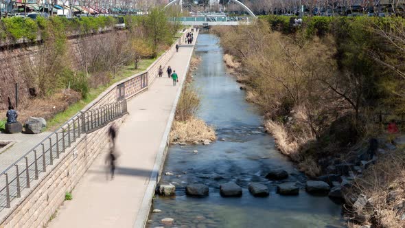 Timelapse Seoul People Walk Along Cheonggyecheon Stream