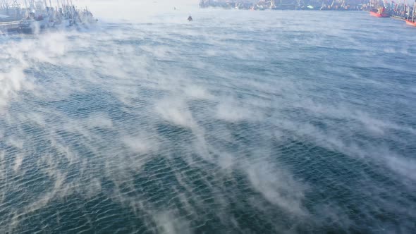 The Surface of the Sea in the Golden Horn Gulf Soars on a Very Cold Winter Day