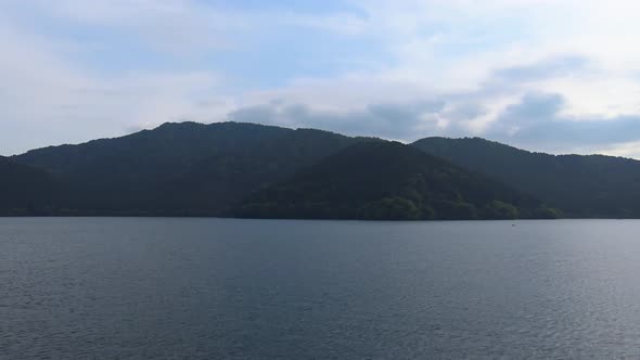 The view of traditional japanese ship in Ashi lake