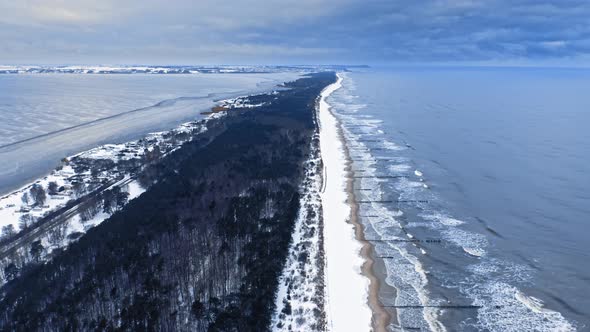 Hel peninsula in winter. Aerial view of Baltic Sea