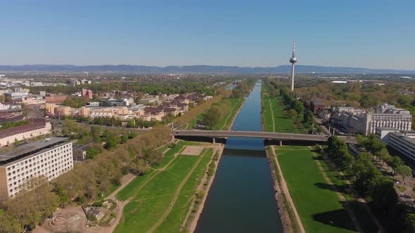 Top view of the embankment of the Neckar River.