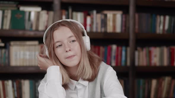 Teenager with Short Hair Wearing Pink Sweater Listening to Favorite Music with Headphones While