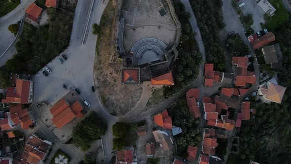 Drone flies over Belmonte Castle like a satellite with a bird's eye view.