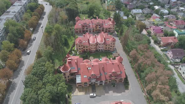 Aerial view of buildings with red roofs