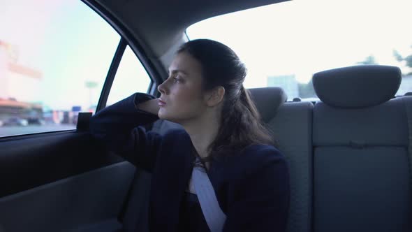 Exhausted Lady in Formal Suit Sitting on Car Backseat, Burnout at Work, Troubles