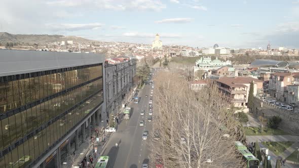 Tbilisi, Georgia - April 5 2021: Aerial view of Baratashvili Bridge and Public Registry.