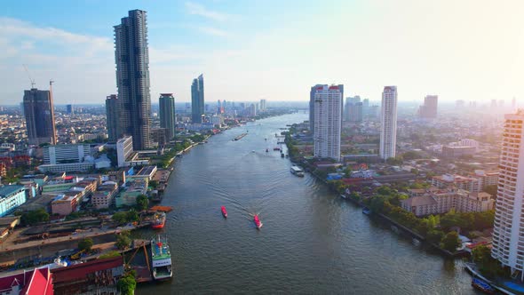 Aerial view over Bangkok city and Chao phraya river