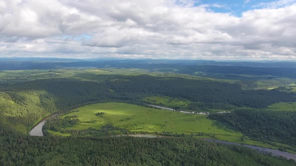 Aerial Landscape with River in Ural Mountains